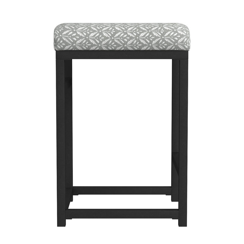 Benjara Toko Backless Counter Stool- Floral Gray Polyester- Black Metal