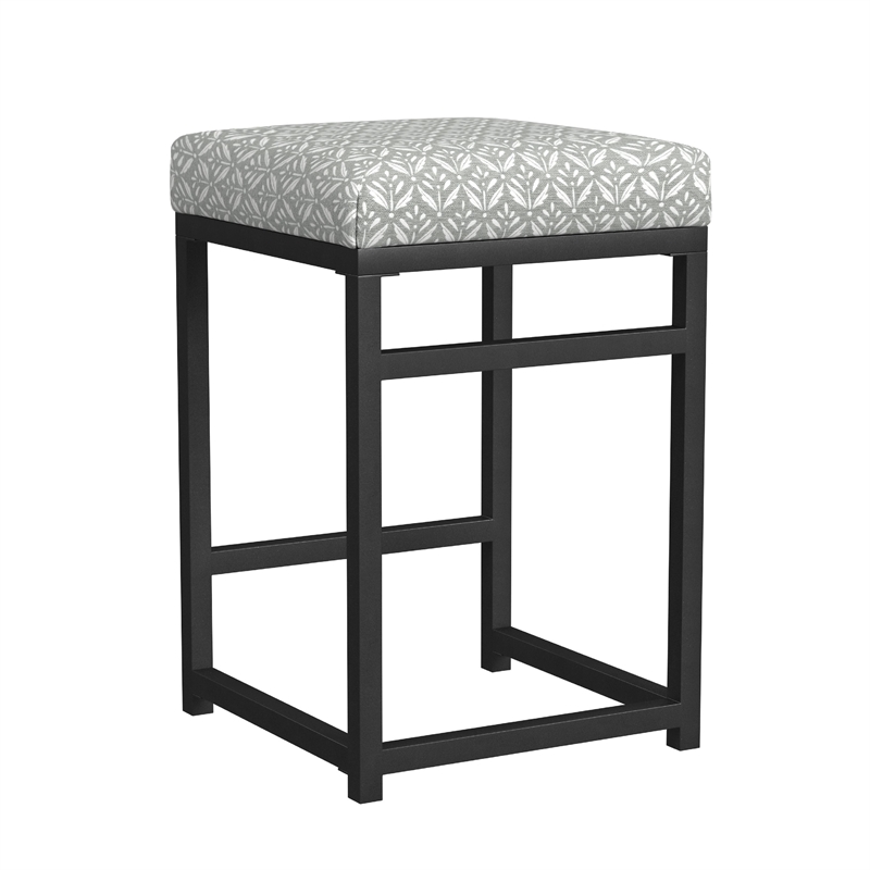 Benjara Toko Backless Counter Stool- Floral Gray Polyester- Black Metal