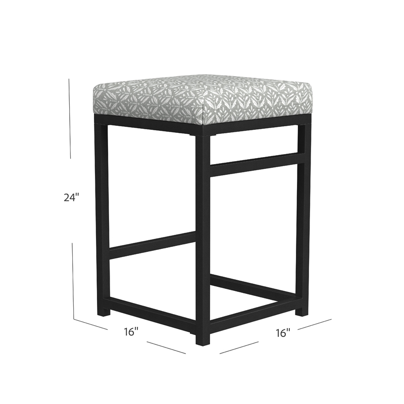Benjara Toko Backless Counter Stool- Floral Gray Polyester- Black Metal