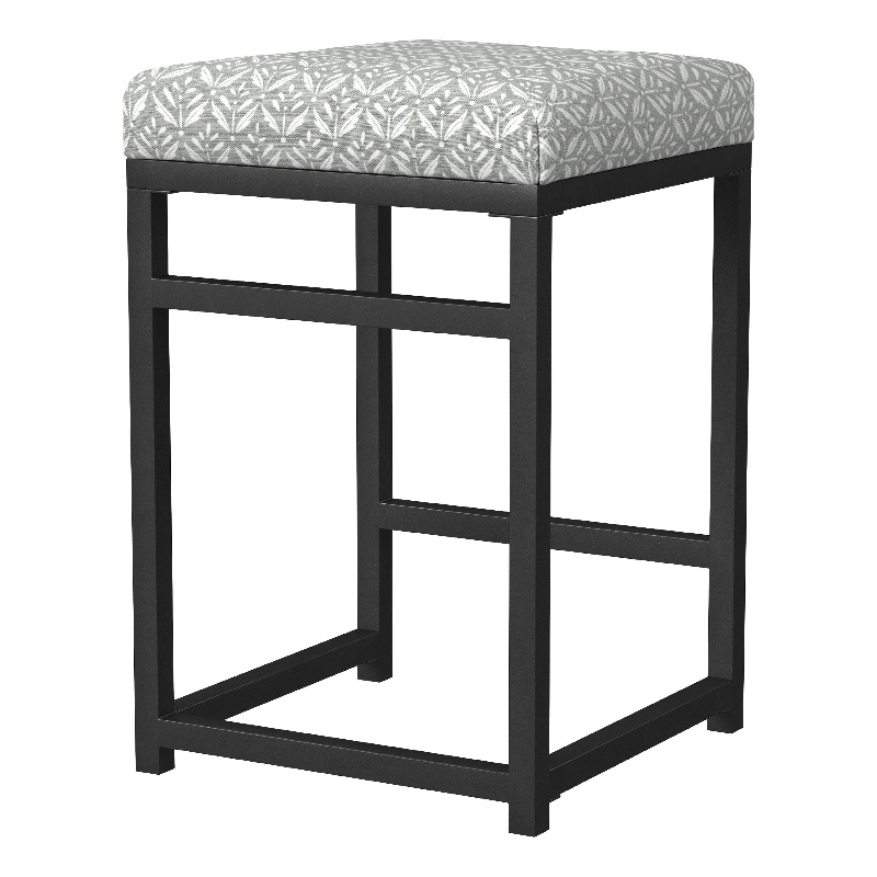 Benjara Toko Backless Counter Stool- Floral Gray Polyester- Black Metal