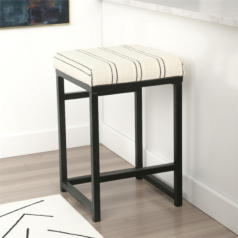 Benjara Toko Backless Counter Stool- White Striped Polyester- Industrial Black