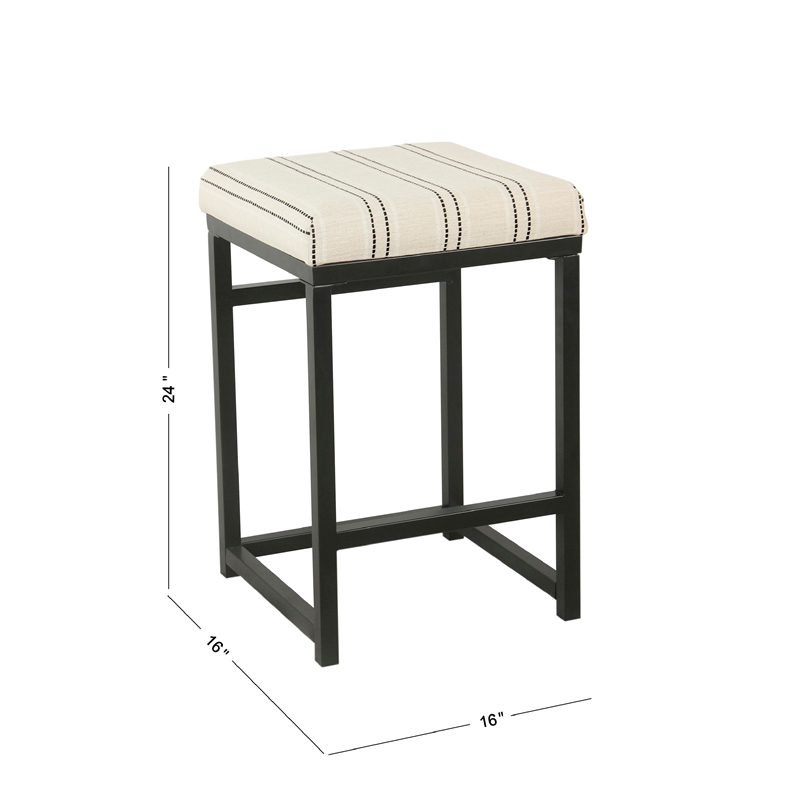 Benjara Toko Backless Counter Stool- White Striped Polyester- Industrial Black