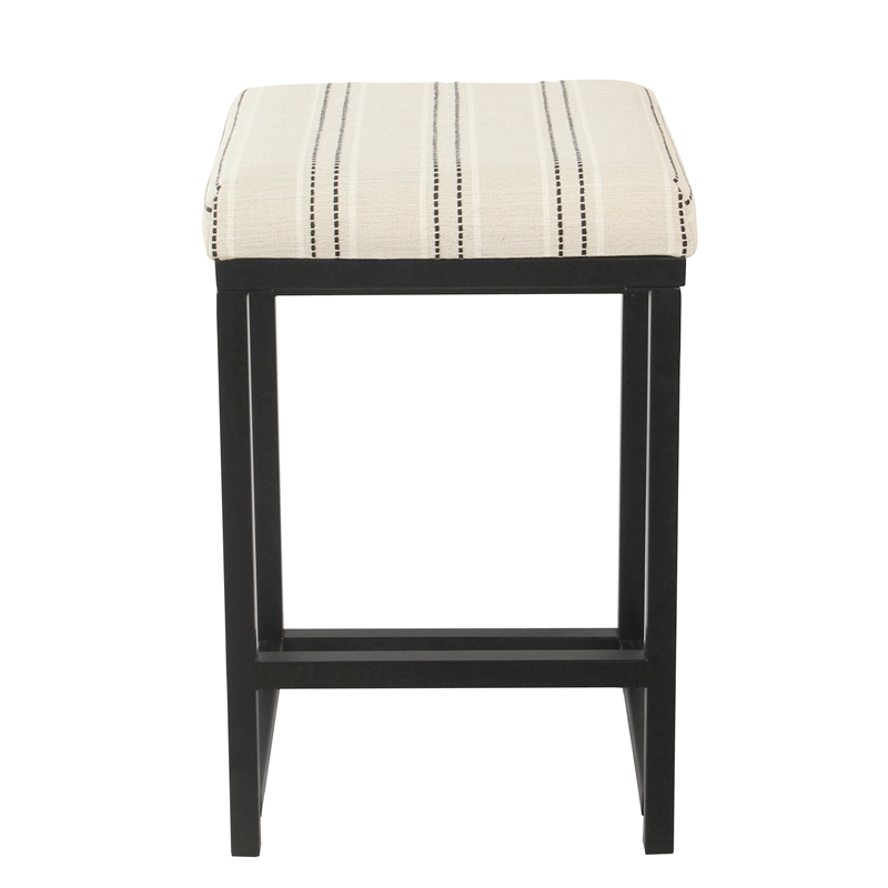 Benjara Toko Backless Counter Stool- White Striped Polyester- Industrial Black