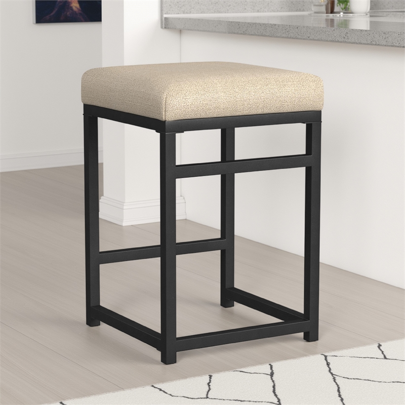 Benjara Toko Backless Counter Height Stool- Brown Polyester Industrial Black