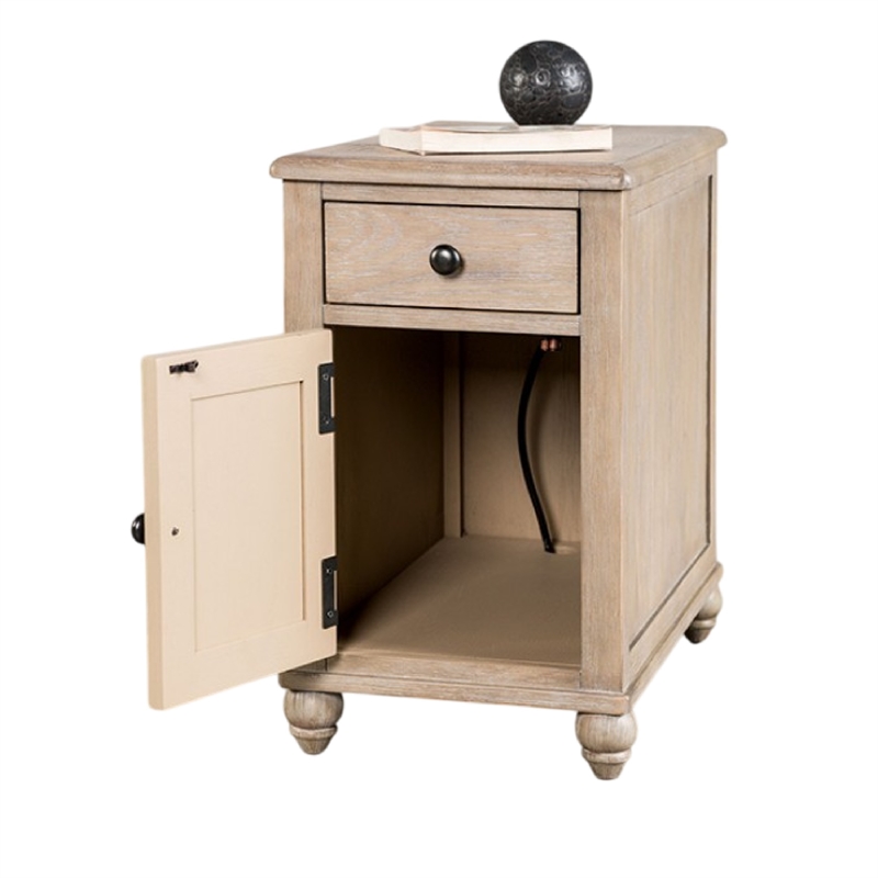 Benjara Cherie Side End Table- 1 Drawers 1 Door- Light White Wash- 24 Inch