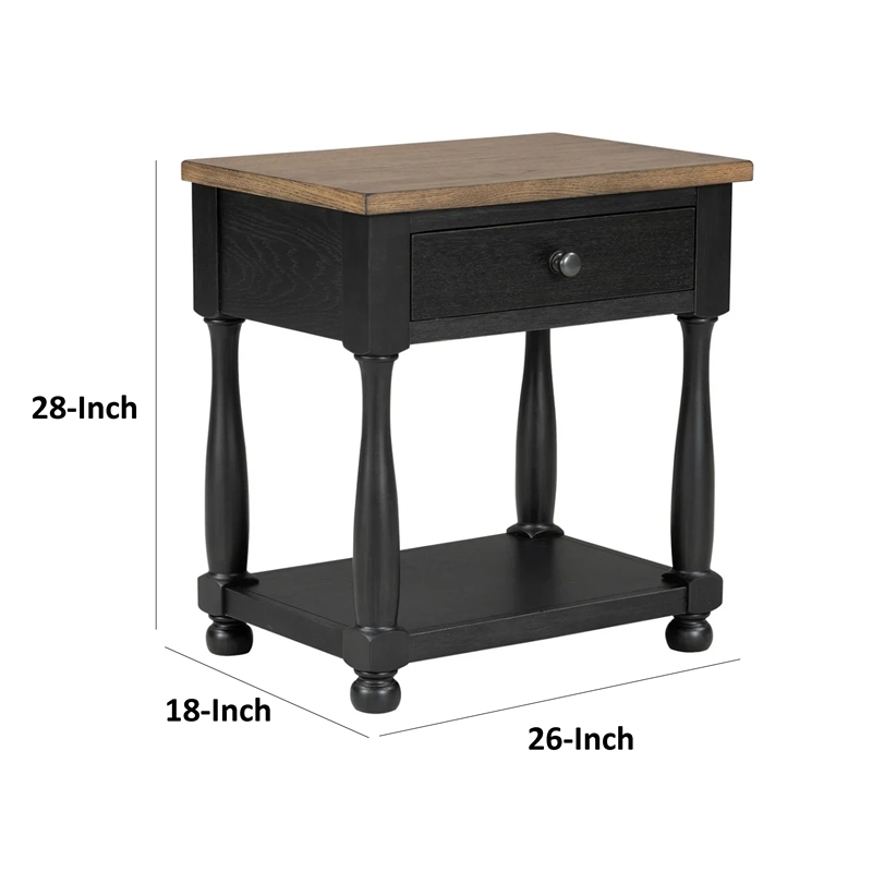 Benjara Ginie Nightstand- USB Ports and Drawer- Shelf- Black Rustic Oak Wood