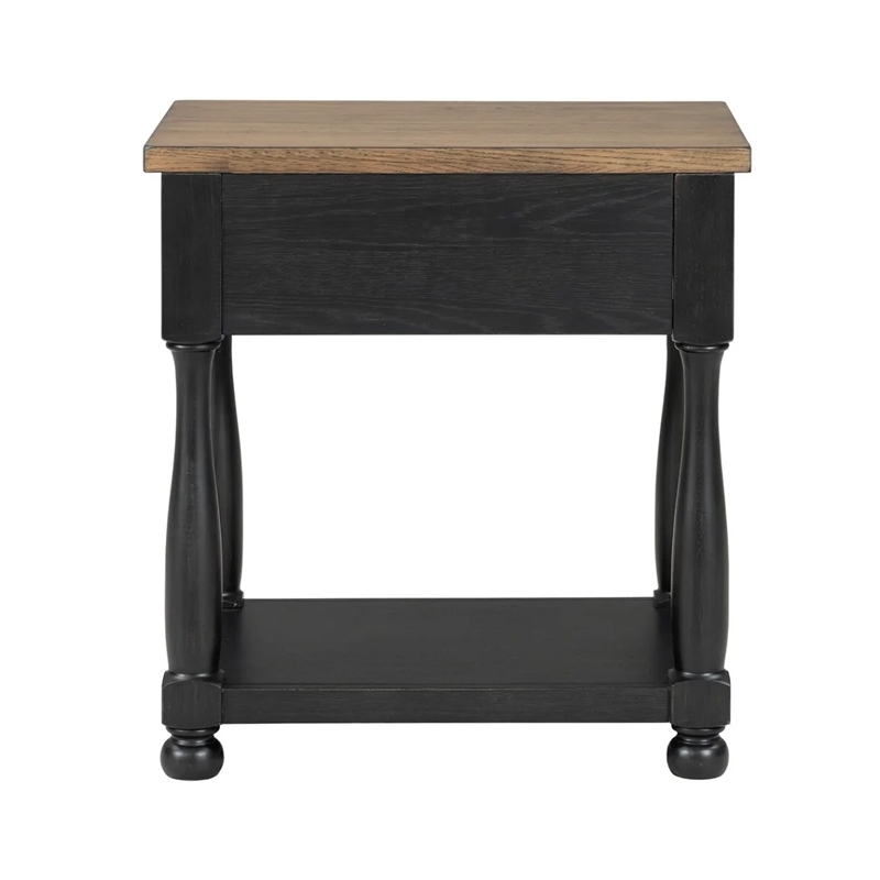 Benjara Ginie Nightstand- USB Ports and Drawer- Shelf- Black Rustic Oak Wood