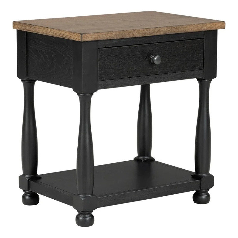 Benjara Ginie Nightstand- USB Ports and Drawer- Shelf- Black Rustic Oak Wood