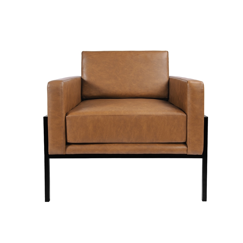 Benjara Fiam Accent Armchair- Caramel Brown Faux Leather- Modern Black Legs