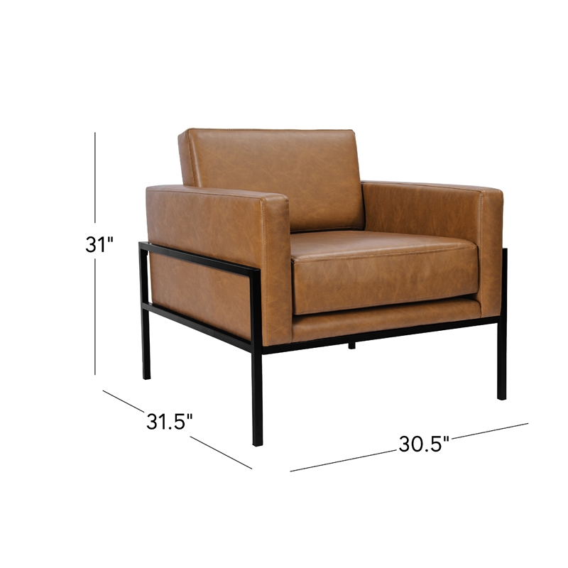 Benjara Fiam Accent Armchair- Caramel Brown Faux Leather- Modern Black Legs