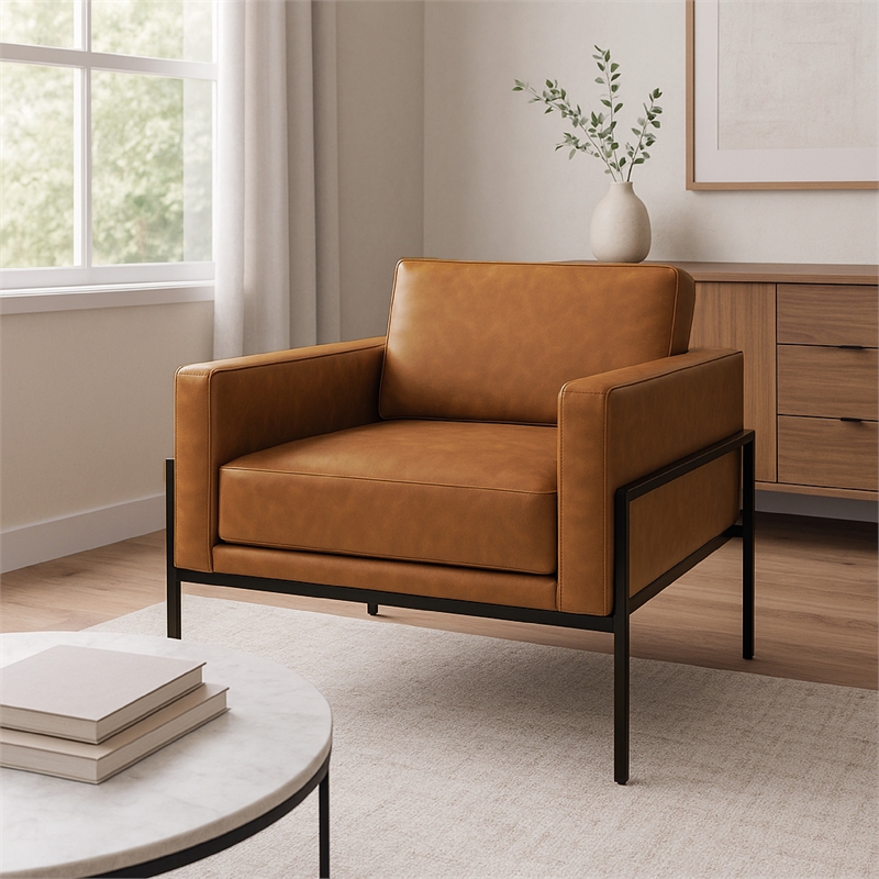 Benjara Fiam Accent Armchair- Caramel Brown Faux Leather- Modern Black Legs