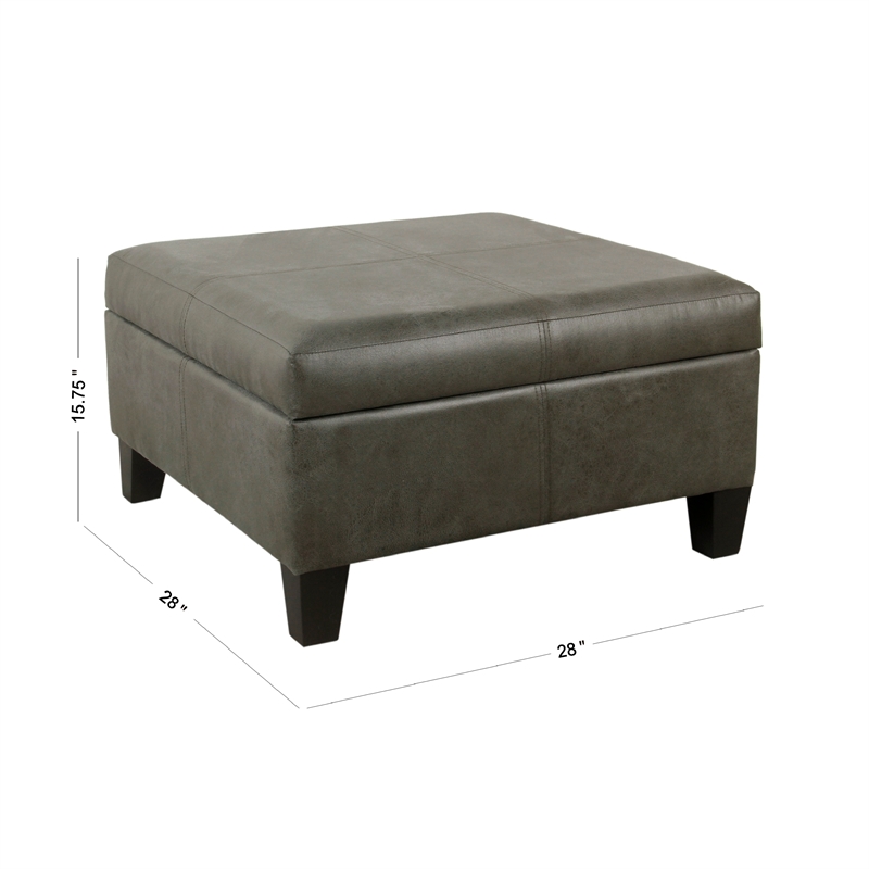 Benjara Leo Square Storage Ottoman with Plush Gray Faux Leather- 28 Inch