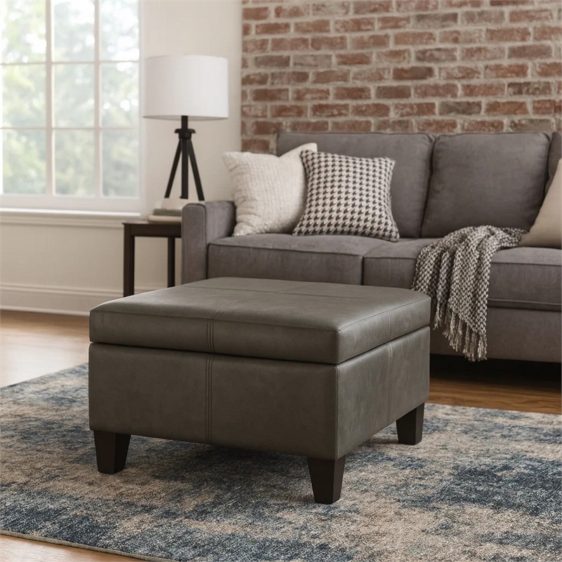 Benjara Leo Square Storage Ottoman with Plush Gray Faux Leather- 28 Inch