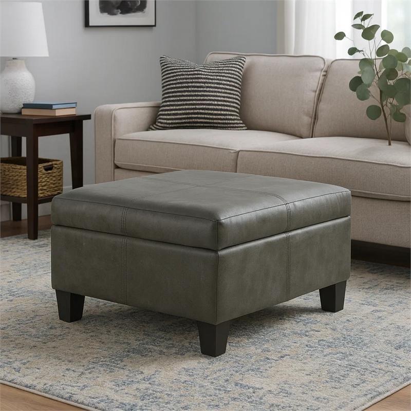 Benjara Leo Square Storage Ottoman with Plush Gray Faux Leather- 28 Inch