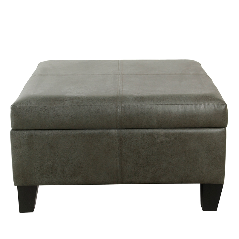 Benjara Leo Square Storage Ottoman with Plush Gray Faux Leather- 28 Inch