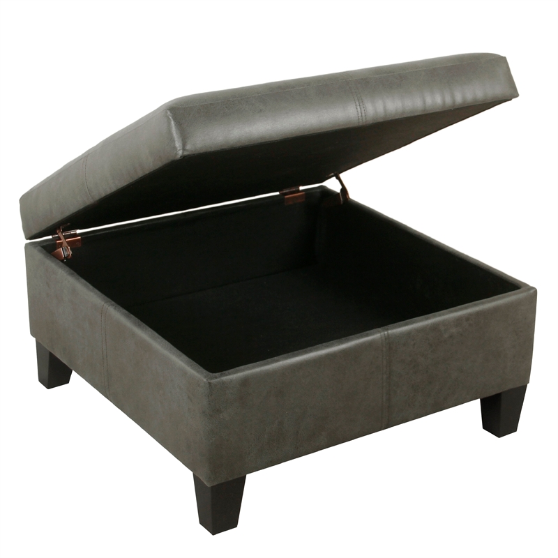 Benjara Leo Square Storage Ottoman with Plush Gray Faux Leather- 28 Inch