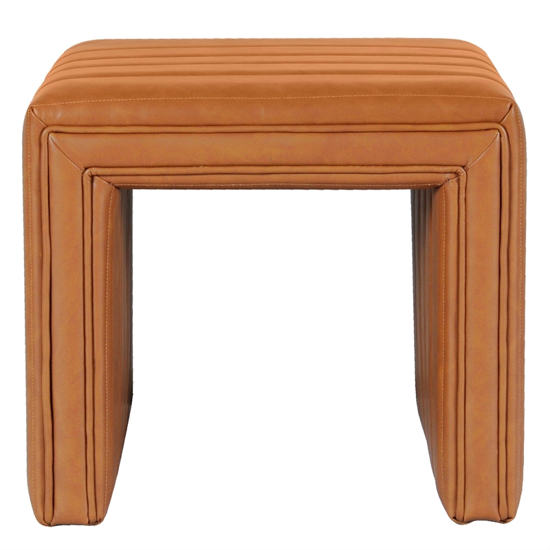 Benjara Ada Footstool Ottoman- Channel Tuft Caramel Brown Faux Leather 19 Inch
