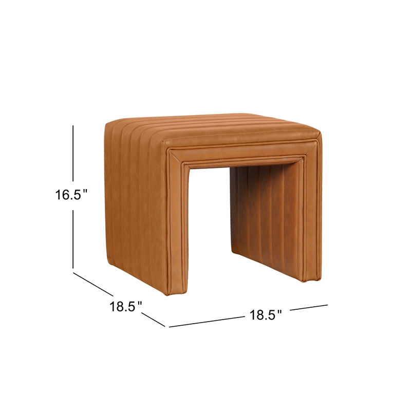 Benjara Ada Footstool Ottoman- Channel Tuft Caramel Brown Faux Leather 19 Inch