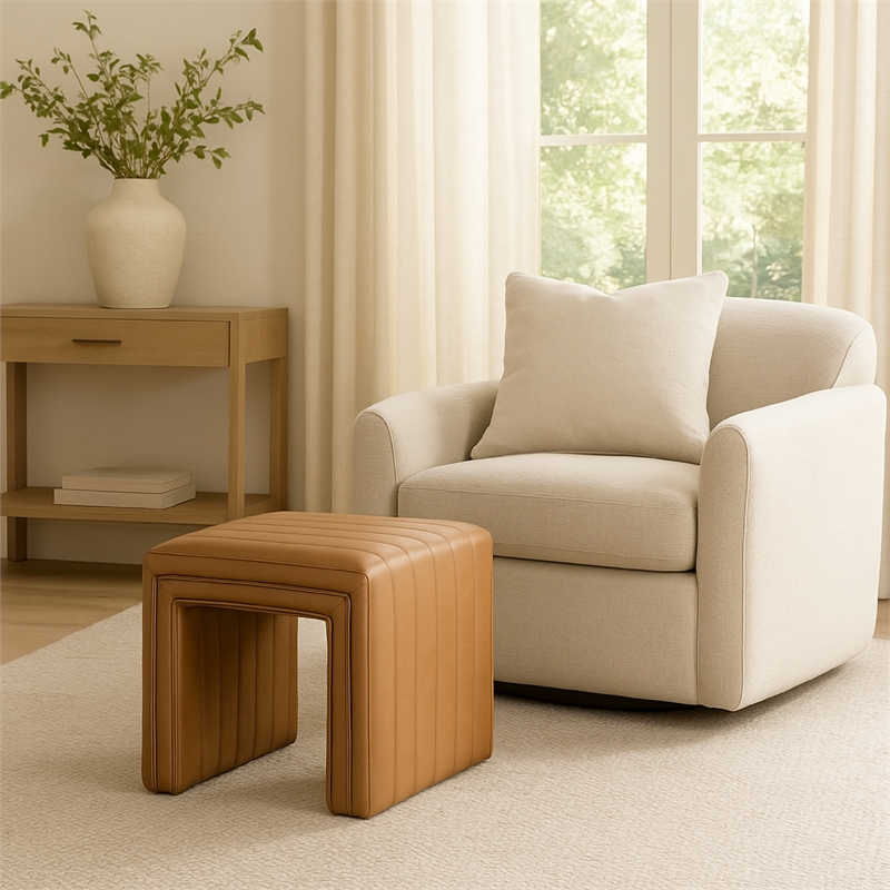 Benjara Ada Footstool Ottoman- Channel Tuft Caramel Brown Faux Leather 19 Inch