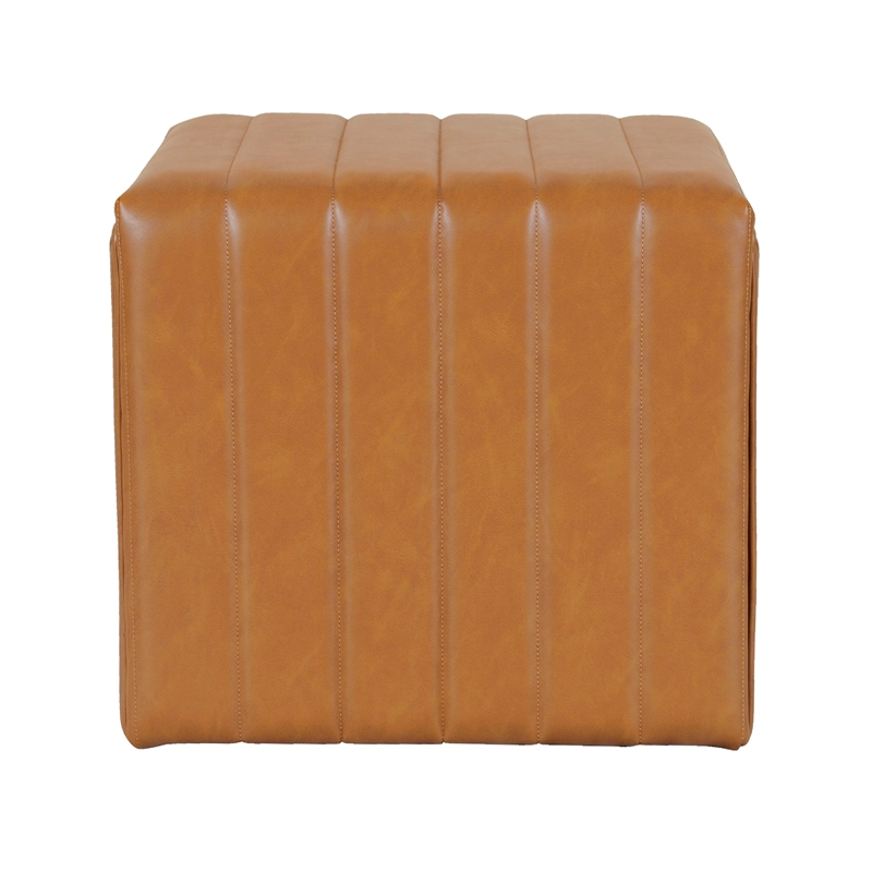 Benjara Ada Footstool Ottoman- Channel Tuft Caramel Brown Faux Leather 19 Inch