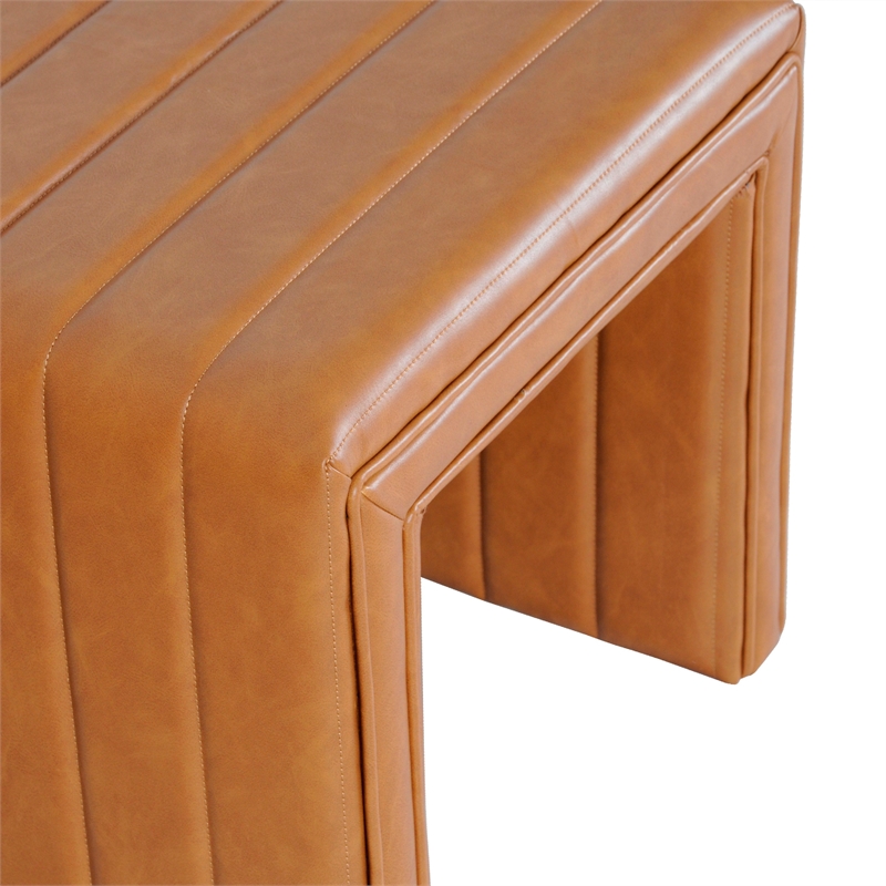 Benjara Ada Footstool Ottoman- Channel Tuft Caramel Brown Faux Leather 19 Inch