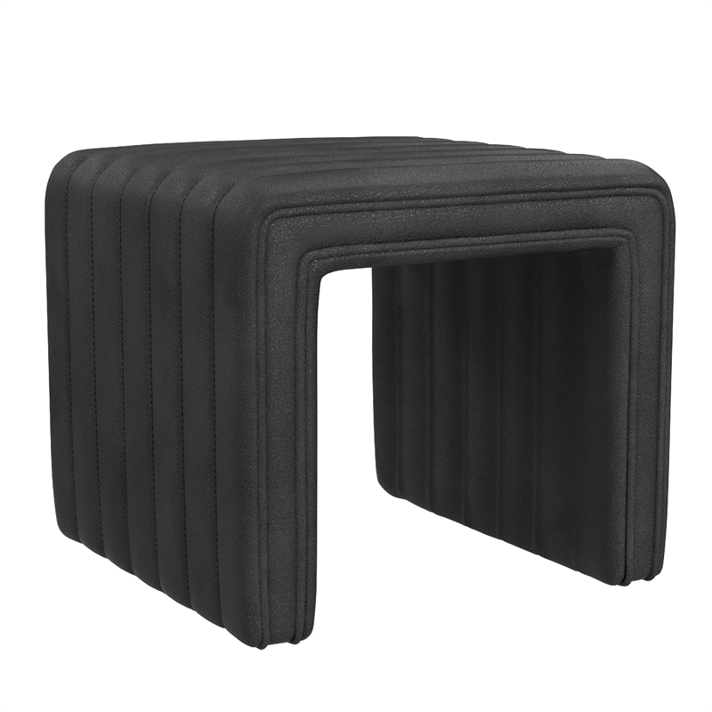 Benjara Ada Footstool Ottoman- Channel Tufted Black Faux Leather- 19 Inch