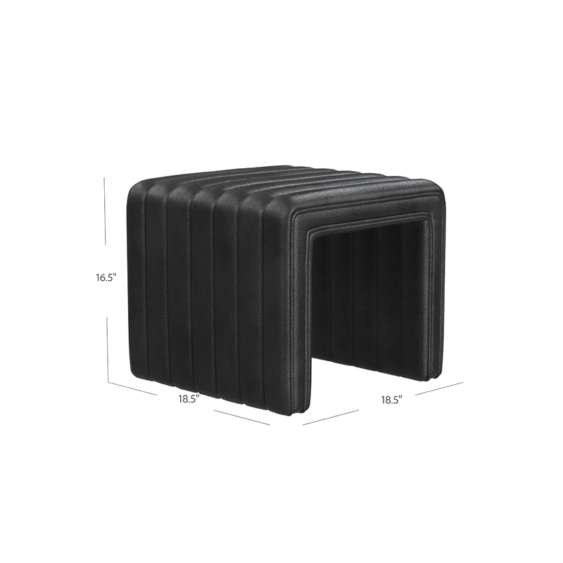 Benjara Ada Footstool Ottoman- Channel Tufted Black Faux Leather- 19 Inch