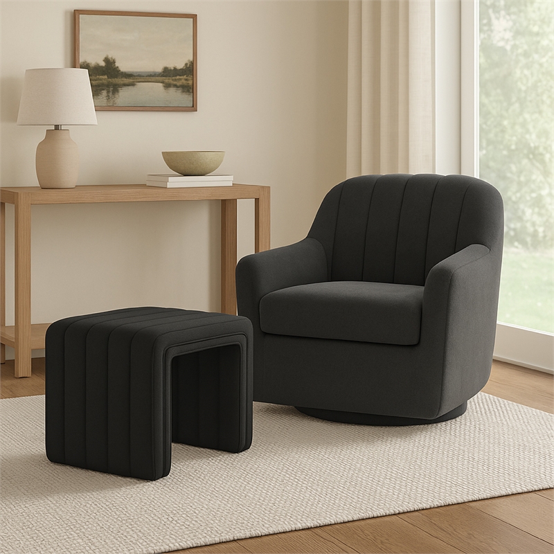 Benjara Ada Footstool Ottoman- Channel Tufted Black Faux Leather- 19 Inch