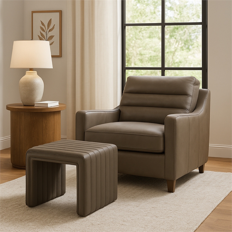 Benjara Ada Footstool Ottoman- Channel Tufted Gray Faux Leather- 19 Inch