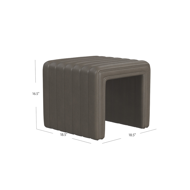 Benjara Ada Footstool Ottoman- Channel Tufted Gray Faux Leather- 19 Inch