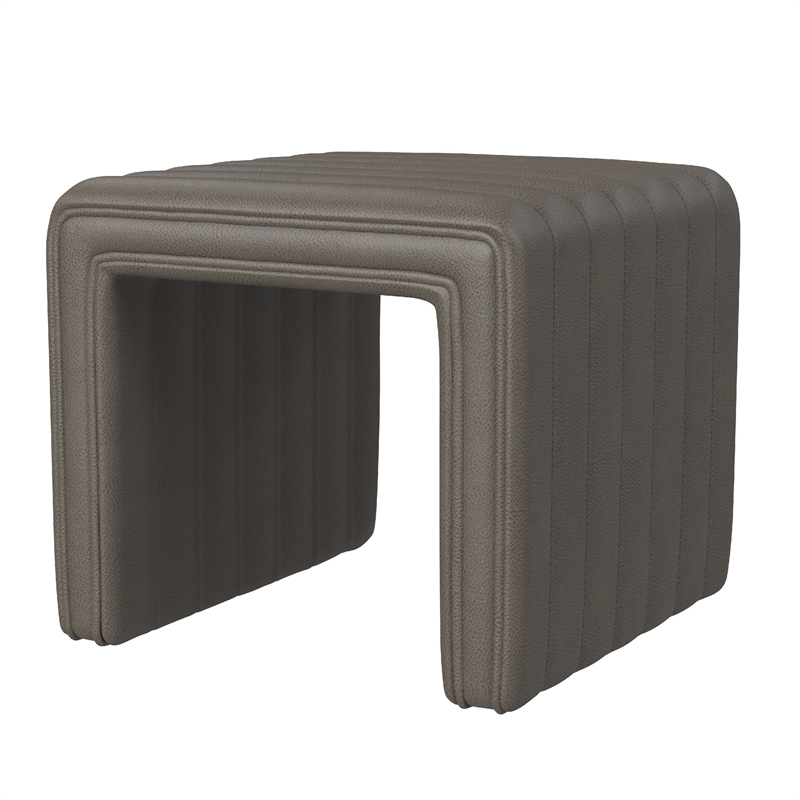 Benjara Ada Footstool Ottoman- Channel Tufted Gray Faux Leather- 19 Inch