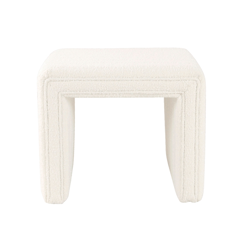 Benjara Ada Footstool Ottoman- Channel Tufted Cream White Boucle- 19 Inch