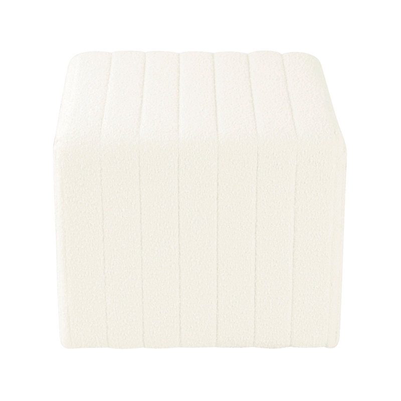 Benjara Ada Footstool Ottoman- Channel Tufted Cream White Boucle- 19 Inch