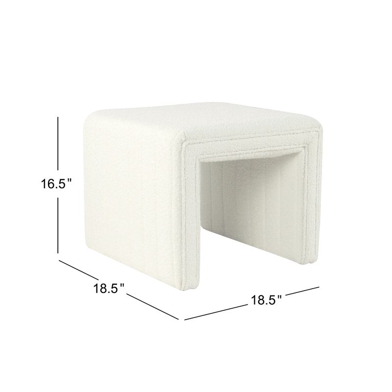 Benjara Ada Footstool Ottoman- Channel Tufted Cream White Boucle- 19 Inch