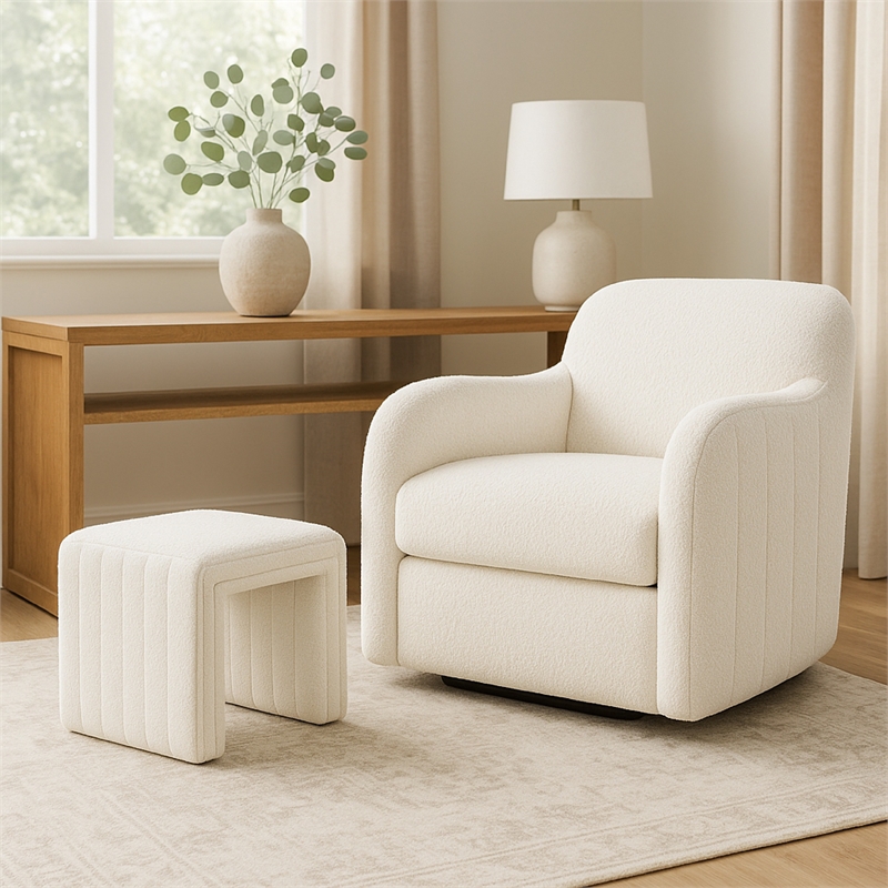 Benjara Ada Footstool Ottoman- Channel Tufted Cream White Boucle- 19 Inch