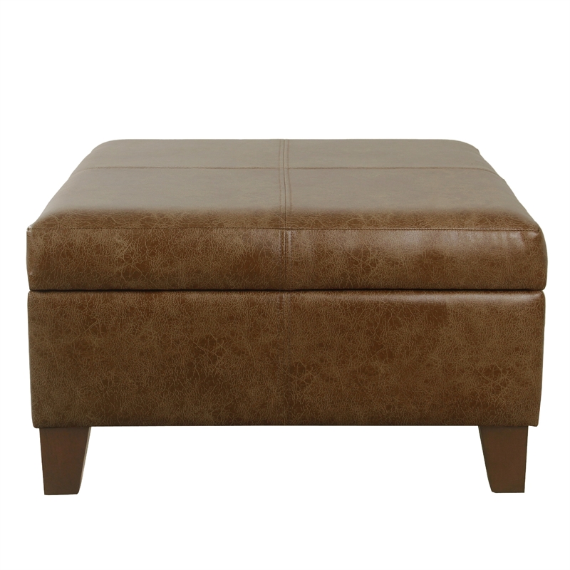 Benjara Leo Square Storage Ottoman- Distressed Brown Faux Leather- 28 Inch