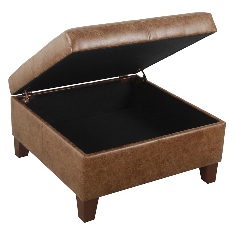 Benjara Leo Square Storage Ottoman- Distressed Brown Faux Leather- 28 Inch