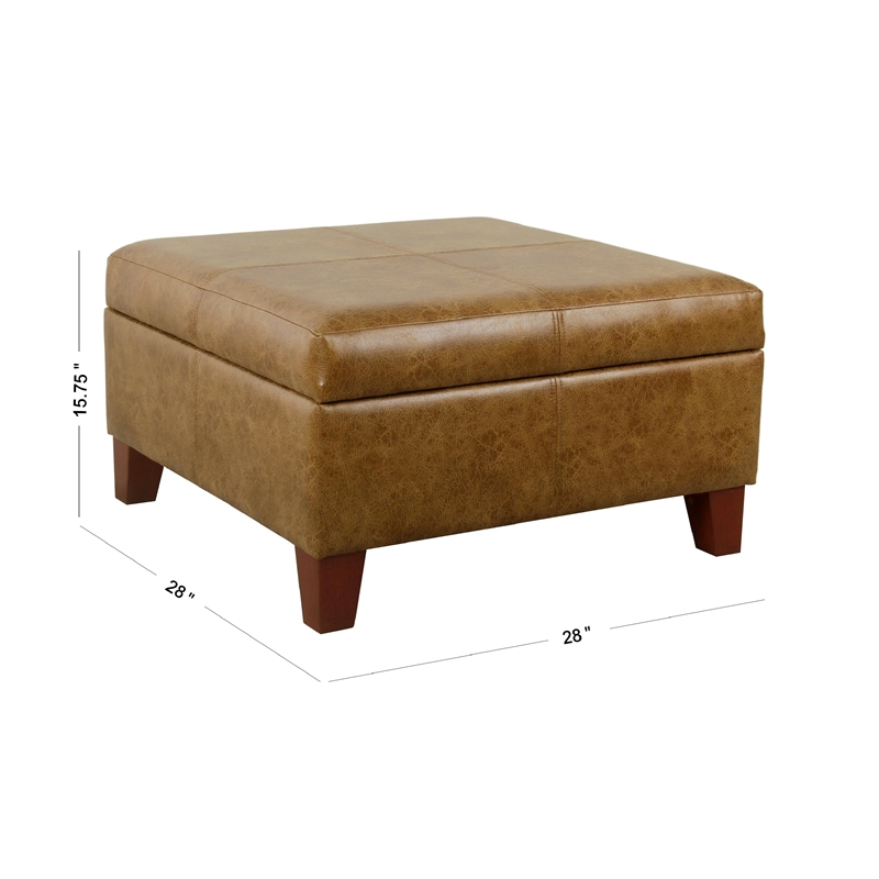 Benjara Leo Square Storage Ottoman- Distressed Brown Faux Leather- 28 Inch