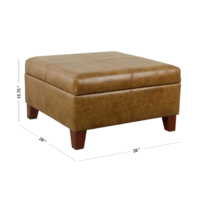 Benjara Leo Square Storage Ottoman- Distressed Brown Faux Leather- 28 Inch