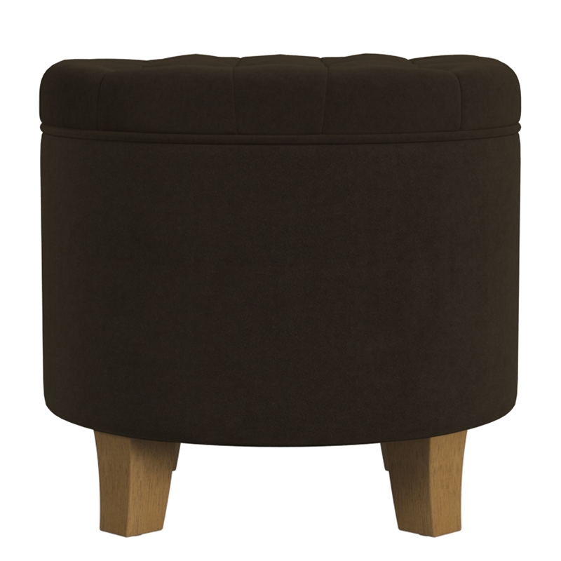 Benjara Wes Round Storage Ottoman- Chocolate Brown Velvet- Hardwood- 19 Inch