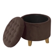 Benjara Wes Round Storage Ottoman- Chocolate Brown Velvet- Hardwood- 19 Inch