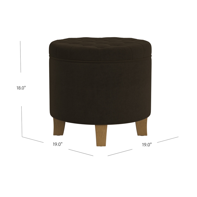 Benjara Wes Round Storage Ottoman- Chocolate Brown Velvet- Hardwood- 19 Inch