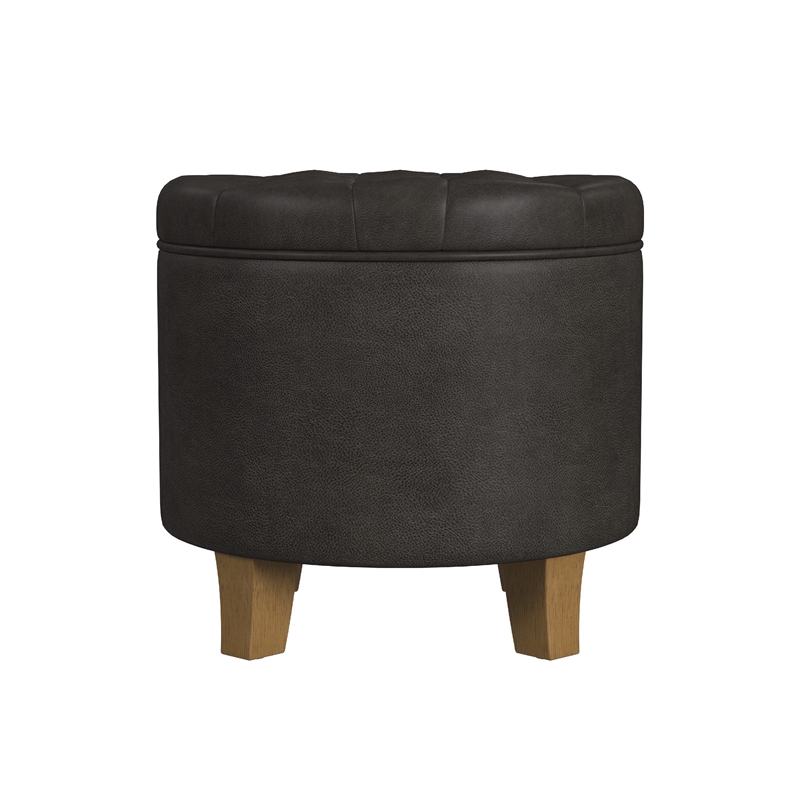 Benjara Wes Round Storage Ottoman- Black Faux Leather- Hardwood- 19 Inch