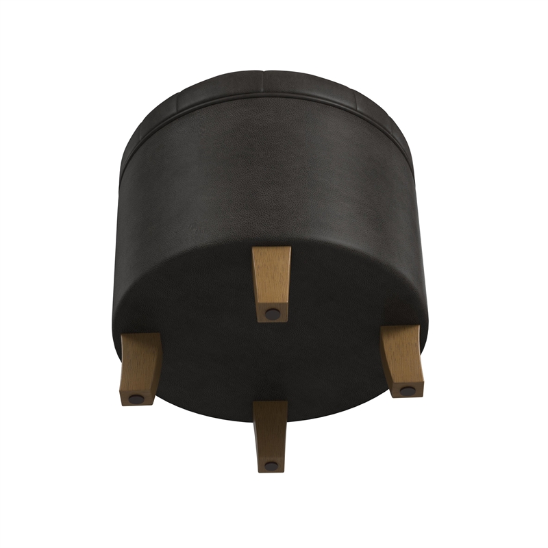 Benjara Wes Round Storage Ottoman- Black Faux Leather- Hardwood- 19 Inch