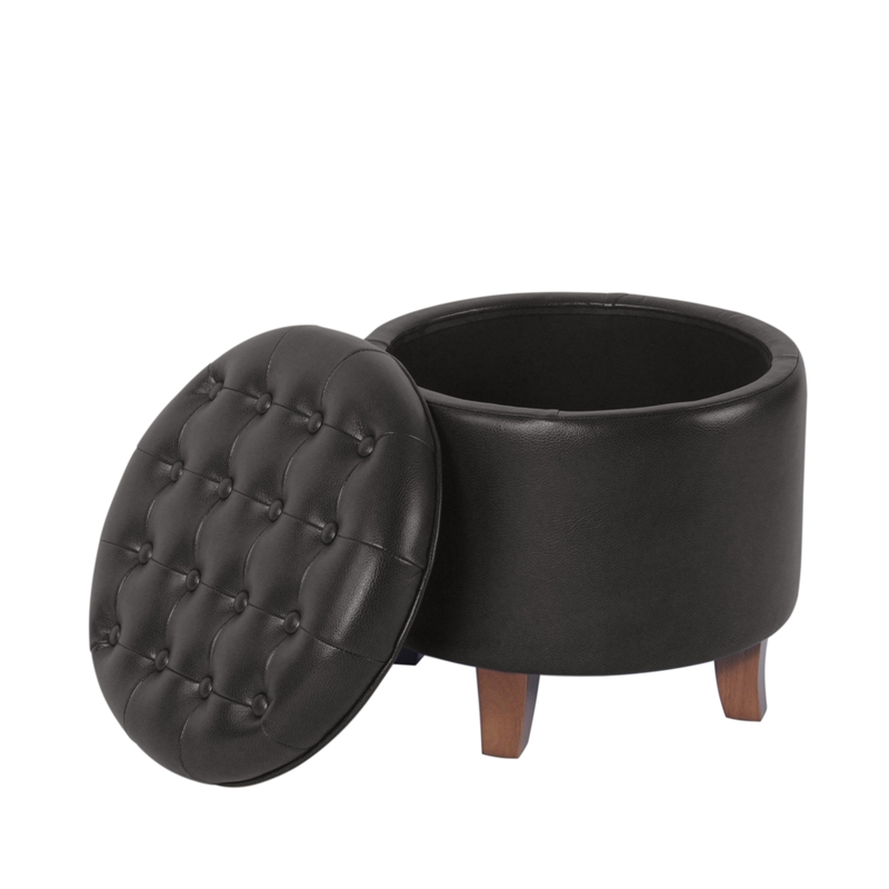 Benjara Wes Round Storage Ottoman- Black Faux Leather- Hardwood- 19 Inch