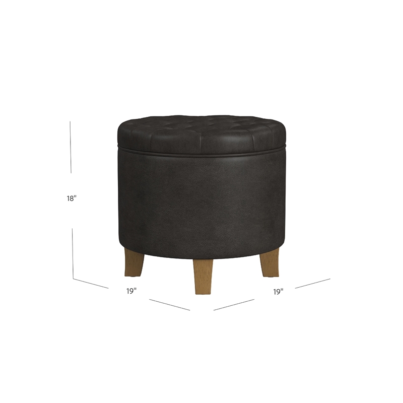 Benjara Wes Round Storage Ottoman- Black Faux Leather- Hardwood- 19 Inch