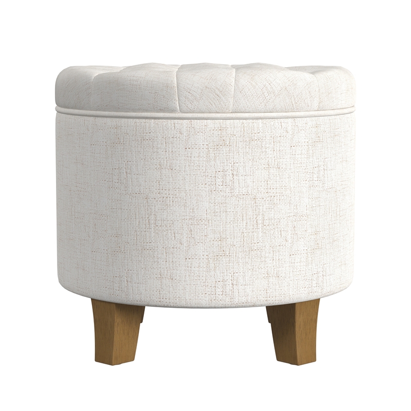 Benjara Wes Round Storage Ottoman- Cream Woven Fabric- Hardwood- 19 Inch