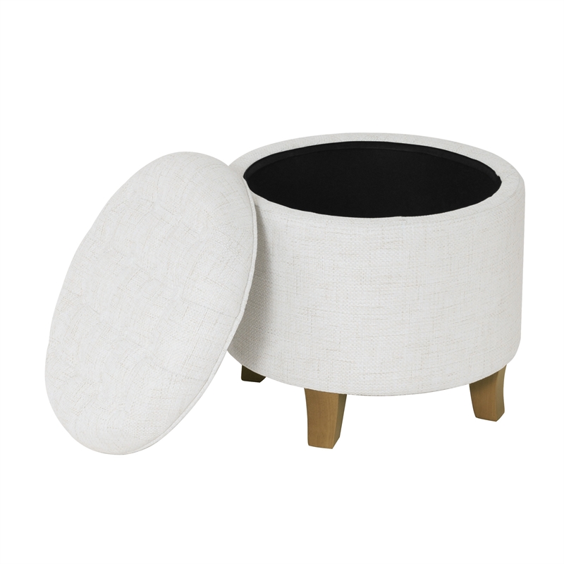 Benjara Wes Round Storage Ottoman- Cream Woven Fabric- Hardwood- 19 Inch
