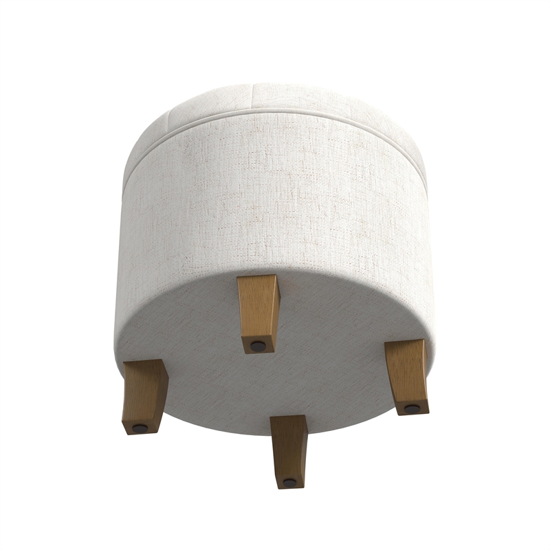 Benjara Wes Round Storage Ottoman- Cream Woven Fabric- Hardwood- 19 Inch