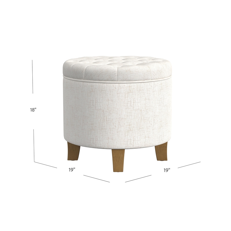 Benjara Wes Round Storage Ottoman- Cream Woven Fabric- Hardwood- 19 Inch